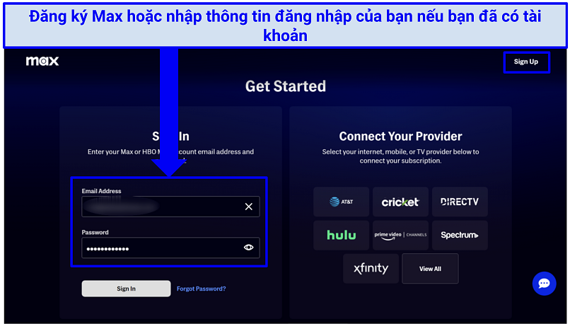 Screenshot of the HBO Max sign in page.