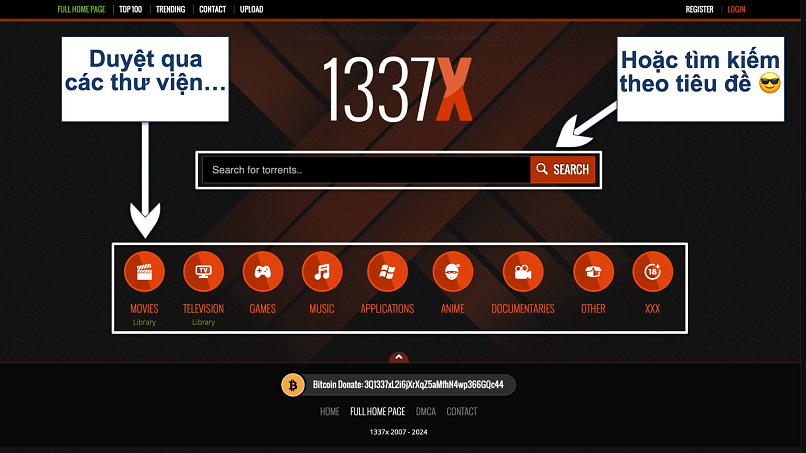 Screenshot of the 1337x home page