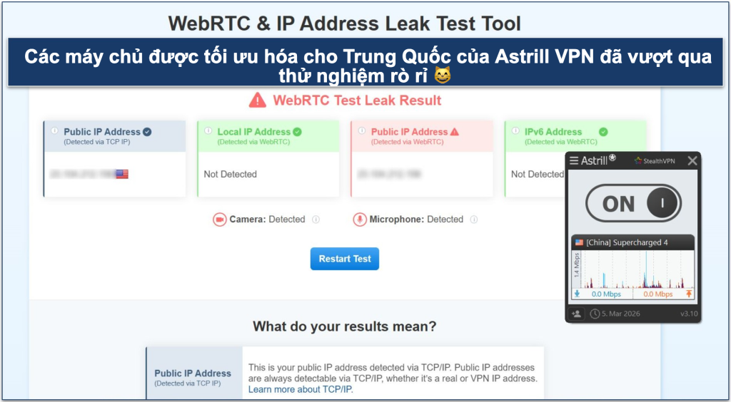 Screenshot showing Astrill VPN passed IP/DNS/WebRTC leak tests