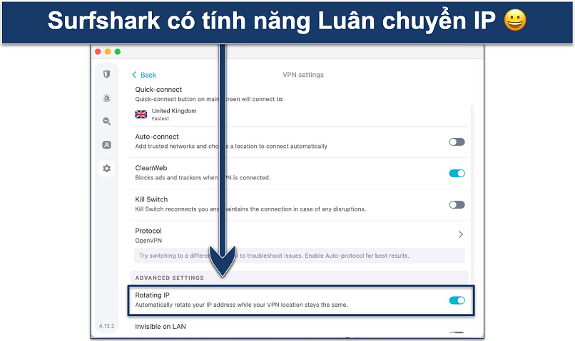 Screenshot of Surfshark's Settings menus with the Rotating IP feature highlighted