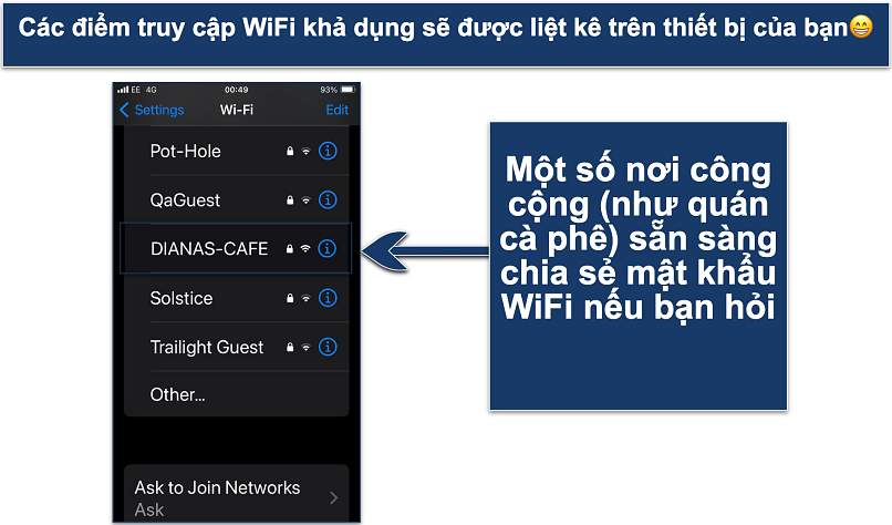 Screenshot showing the available WiFi hotspots on an iPhone