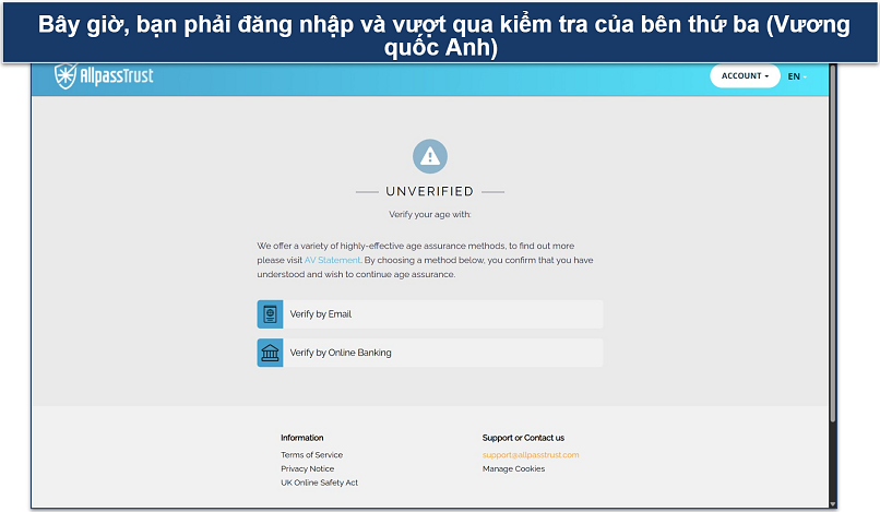 Screenshot of the AllpassTrust age verification page, showing options for email or online banking options