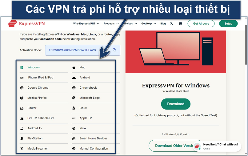 Screenshot of ExpressVPN's website account dashboard with its app download options