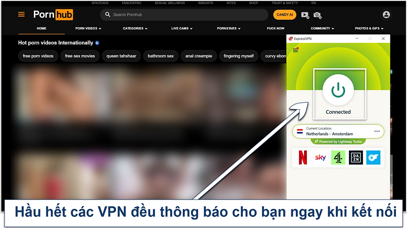 Screenshot of Pornhub website homepage with an active ExpressVPN connection to the Netherlands - Amsterdam server