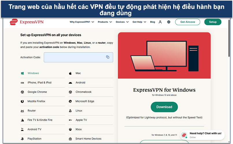 Screenshot of the ExpressVPN account dashboard with its app download options